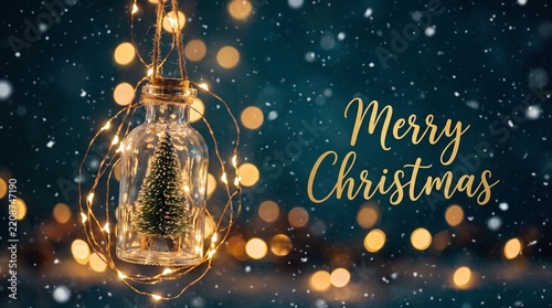 Merry Christmas Greeting with Miniature Tree in Glass Bottle