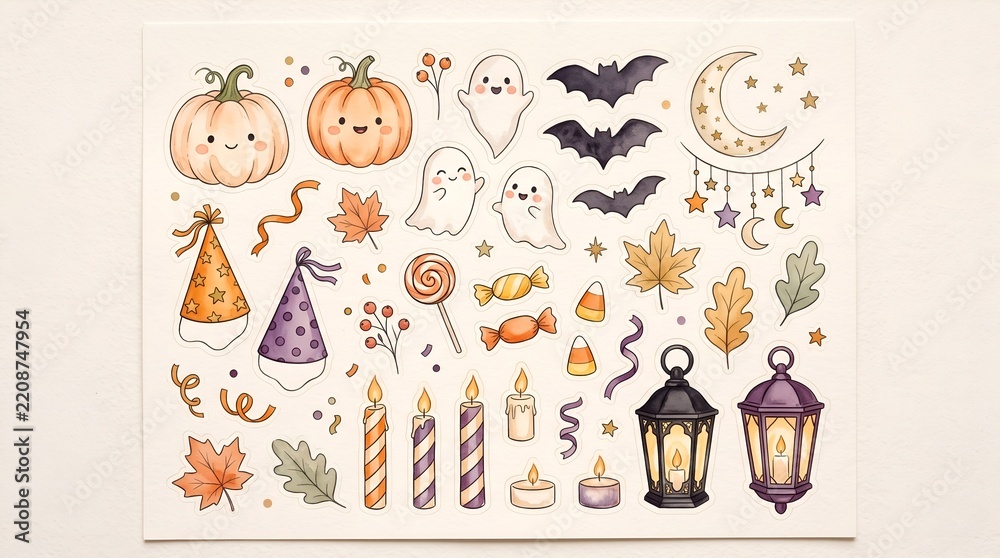 Fototapeta premium Cute Halloween Party Watercolor Clipart Set with Pumpkins Spooky Ghosts Party Hats Candies Lanterns and Garland Isolated on White Background