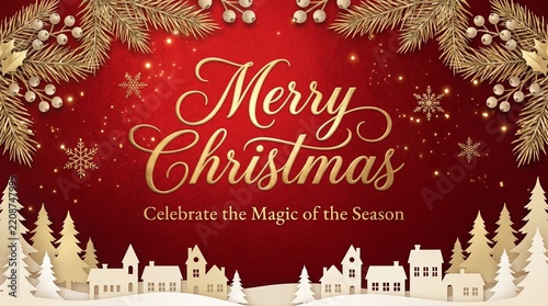 Merry Christmas Red Greeting Card with Gold Lettering and Village