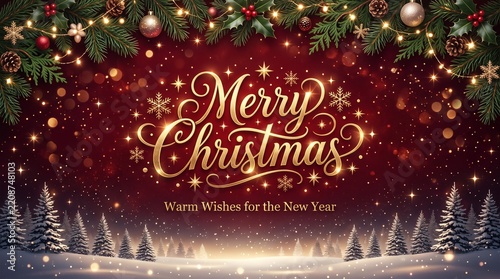 Glowing Merry Christmas Gold Typography Poster with Winter Forest