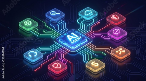 AI Agent Microchip Connecting to Multi Functional Ecosystem Icons