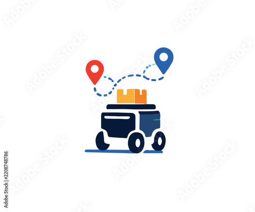 Autonomous Delivery Robot Carrying Package with Navigation Pins Vector Illustration for Logistics and E-commerce Concept Design