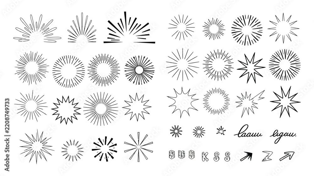 Obraz premium Hand drawn doodle sunburst, starburst, sparkle, explosion, and comic elements set, sketch style, decorative symbols, vector illustration