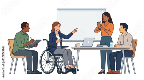 Diverse corporate team in an inclusive office meeting with sign language