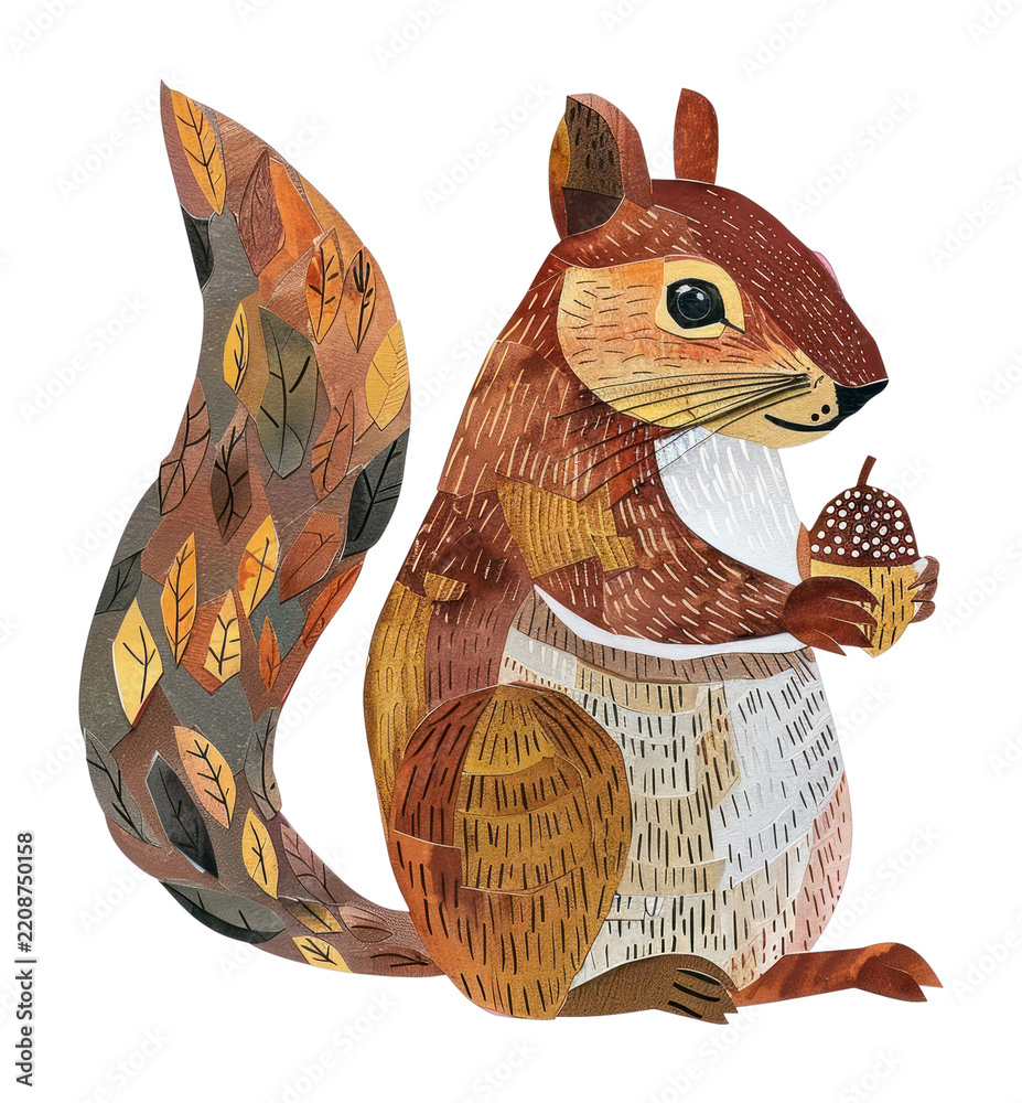 Obraz premium PNG Whimsical squirrel holding acorn with leaf-patterned tail.