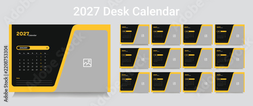 Customizable desk calendar 2027 template, corporate desk calendar schedule 2027 monthly 12-page planner layout, editable vector eps 10 file format