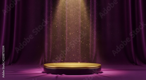 Luxurious gold platform on a deep purple background with draped curtains and spotlight