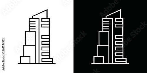 Modern skyscraper building icons in thin line style, modern architectural high rise towers, city landmark and exterior design vector illustration