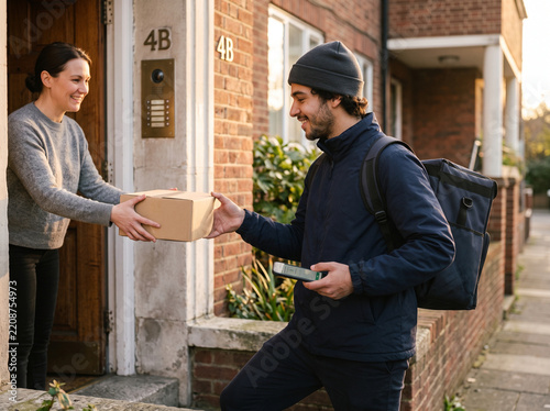 Delivery Courier Confirming Package Dropoff on Smartphone at Apartment Doorstep