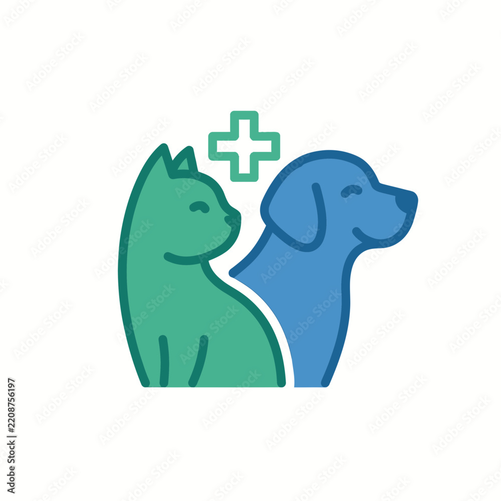 Fototapeta premium Minimalist cat and dog profile with medical cross.