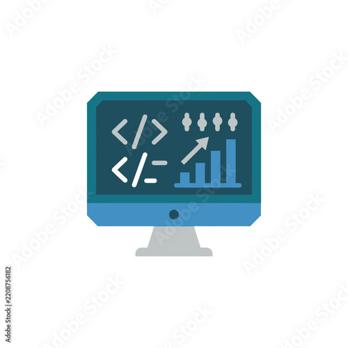Computer monitor icon with programming code and charts.