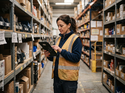 Female Inventory Clerk Checking Stock Counts on a Digital Tablet in a Warehouse Aisle
