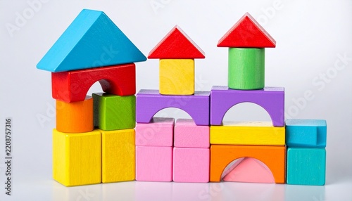 Colorful wooden blocks forming playful houses and towers.