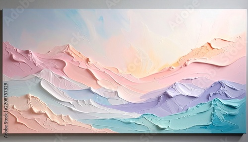 Pastel abstract landscape with flowing pink, lavender, and turquoise waves.