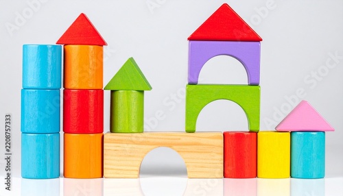 Colorful wooden blocks forming playful houses and towers.
