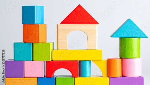 Colorful wooden blocks forming playful houses and towers.