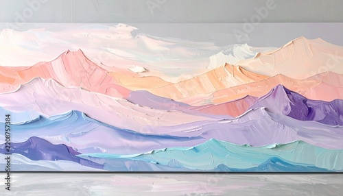 Pastel abstract landscape with flowing pink, lavender, and turquoise waves.
