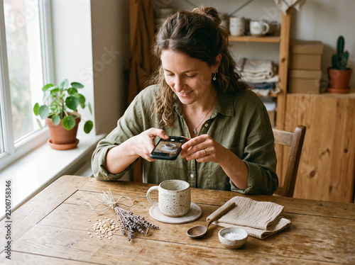 Small Business Owner Photographing Handmade Ceramic Mug on Wooden Table with Smartphone