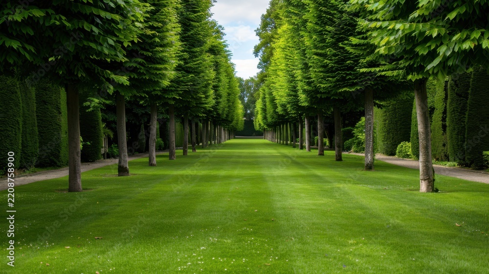 Obraz premium Lush Green Pathway Surrounded by Tall Trees in a Serene Landscape During Daylight