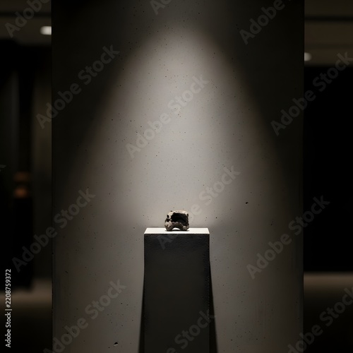 Small rough stone object displayed on white pedestal under spotlight in dark gallery
