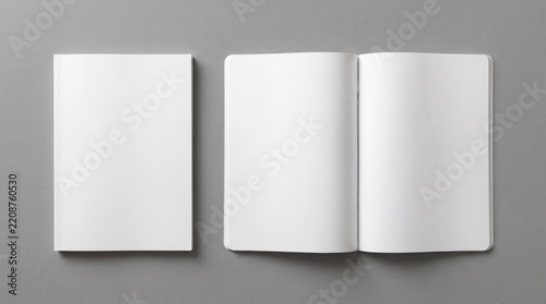 Blank open and closed notebook mockup rests on a neutral grey background.
