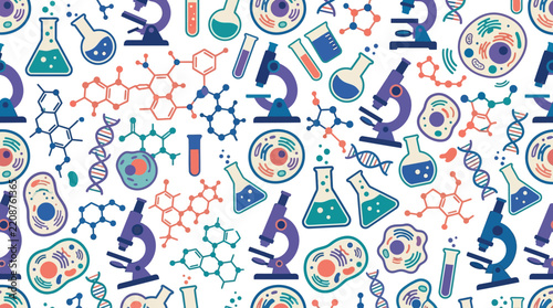 Science Pattern: Microscopes, DNA, Cells, Molecules, Lab Glassware - Colorful Background