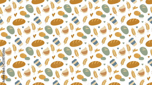 Seamless Pattern: Baked Goods, Coffee Cups, and Wheat Stalks - Food Background
