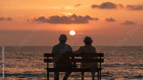 A serene sunset view of an elderly couple sitting on a bench by the ocean, enjoying each other's company as the sun sets on the horizon, symbolizing love and companionship.