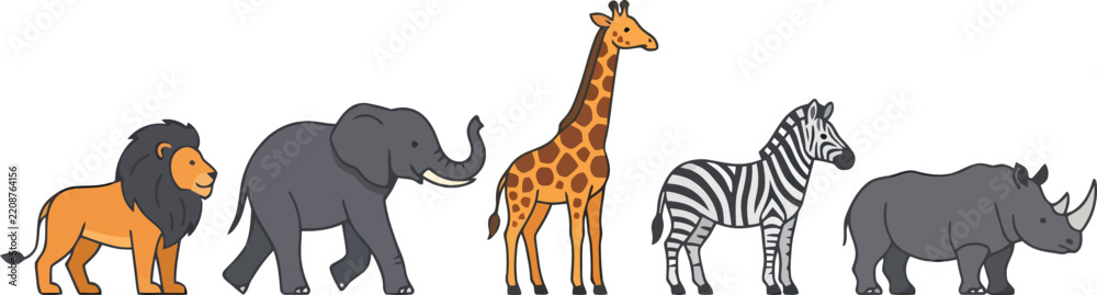 Obraz premium A collection of five diverse African safari animals standing in a row.