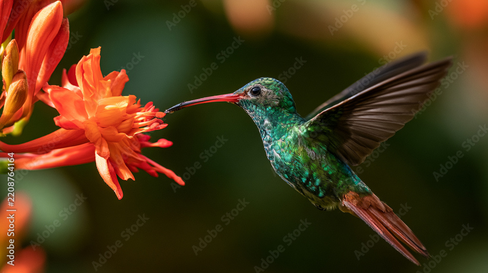 Fototapeta premium A vibrant hummingbird sipping nectar from a bright orange flower, showcasing its iridescent feathers and graceful flight in a colorful natural setting.