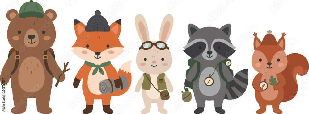 Fototapeta premium Cute woodland animals dressed as little explorers and scouts standing in a row.