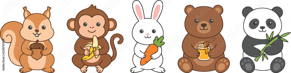 Obraz premium A collection of five cute cartoon animals including a squirrel monkey rabbit bear and panda.