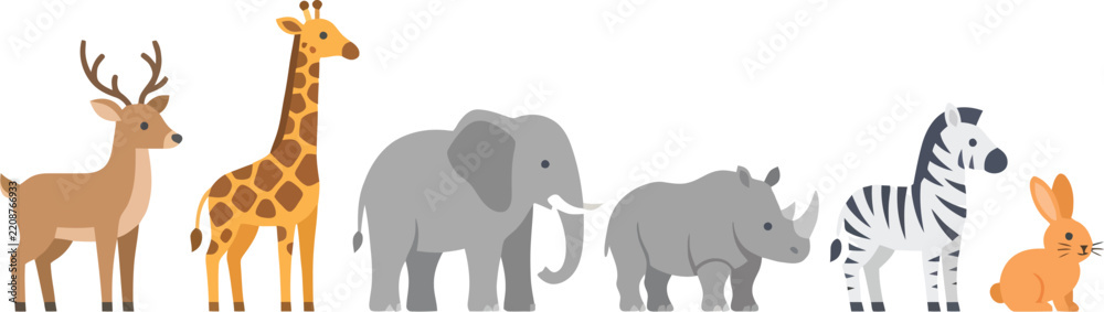 Obraz premium A collection of cute cartoon wild animals standing in a row.