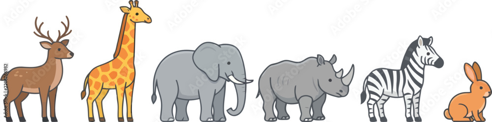 Obraz premium A collection of diverse wild animals standing in a row including a deer giraffe elephant rhino zebra and rabbit.