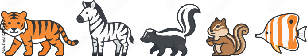 Obraz premium A collection of five cute cartoon animals including a tiger zebra skunk squirrel and fish.