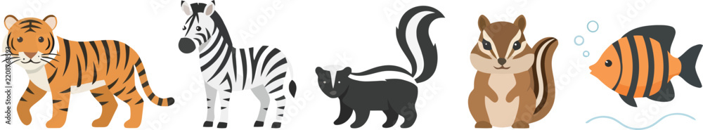 Obraz premium A collection of five different cartoon animals including a tiger zebra skunk chipmunk and fish.