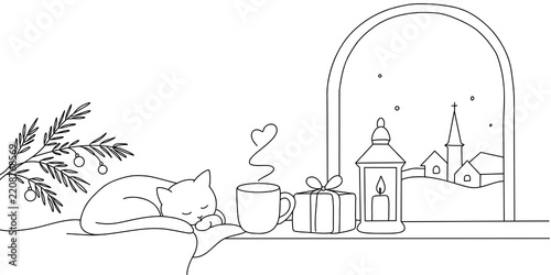 Cozy winter warmth with sleeping cat and festive holiday gifts