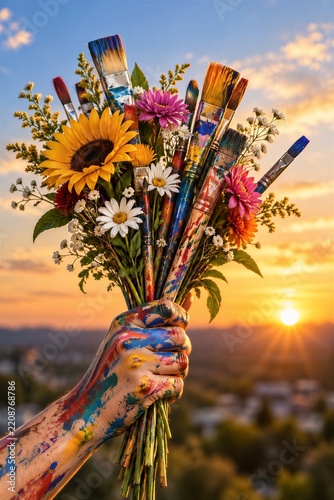 Hand holding colorful flower bouquet with paintbrushes at sunset for creativity and art