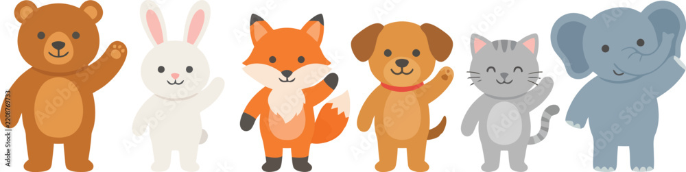 Fototapeta premium A collection of cute cartoon animals standing in a row on a white background.