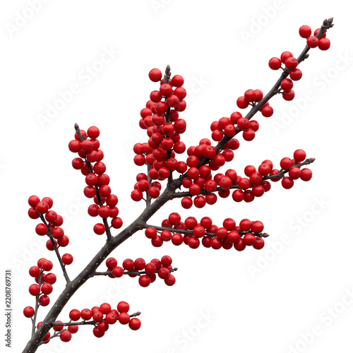Bright scarlet winterberry clusters create a strong seasonal winter botanical silhouette.