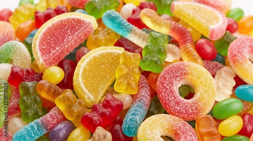 Assorted gummy candies and fruit jellies. Mixed gummy confections and fruit-based jelly sweets perfect for food packaging, confectionery ads, and kid blogs.