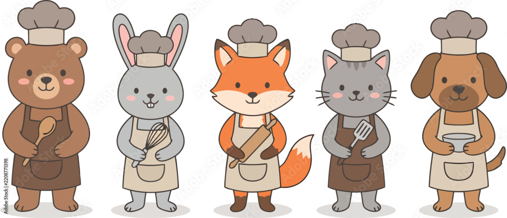 Obraz premium A collection of cute cartoon animals dressed as chefs and bakers.