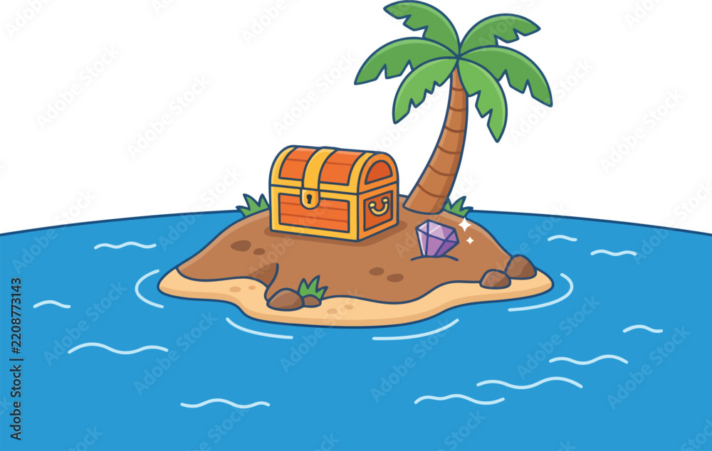 Naklejka premium A cartoon illustration of a small tropical island featuring a treasure chest and a palm tree.