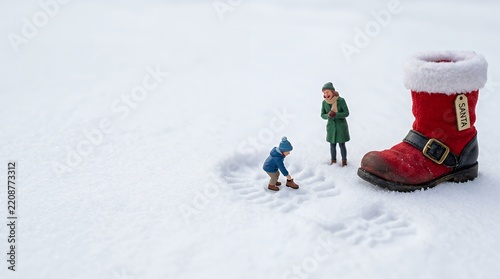 雪の中の巨大なサンタブーツとミニチュア親子