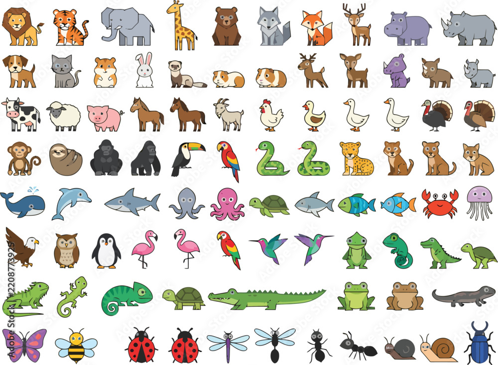 Obraz premium A comprehensive collection of diverse animal and insect illustrations in a cartoon style.