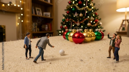 クリスマスオーナメントのボウリングゲームとミニチュア人形