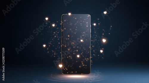 smartphone with blank screen surrounded by a growing constellation of tiny luminous dots connected by subtle curved lines to hearts, comments