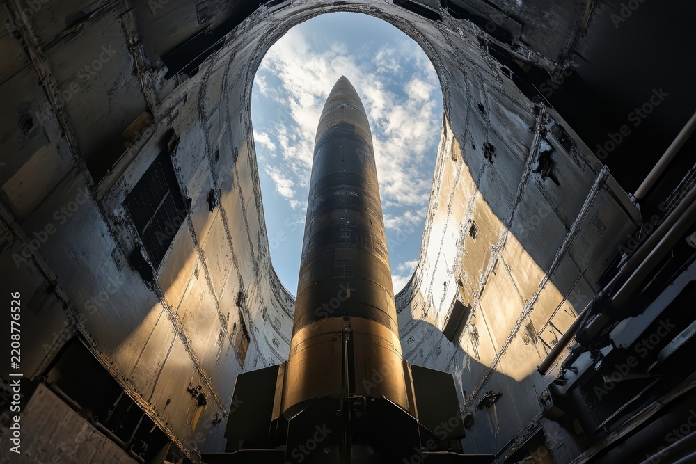 Obraz premium View from below of a massive intercontinental ballistic missile in its launch silo, symbolizing military power, nuclear deterrence, and Cold War tension
