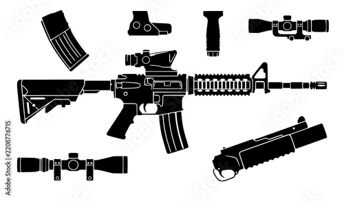 Black Assault Rifle and Tactical Accessories Silhouette Vector Set