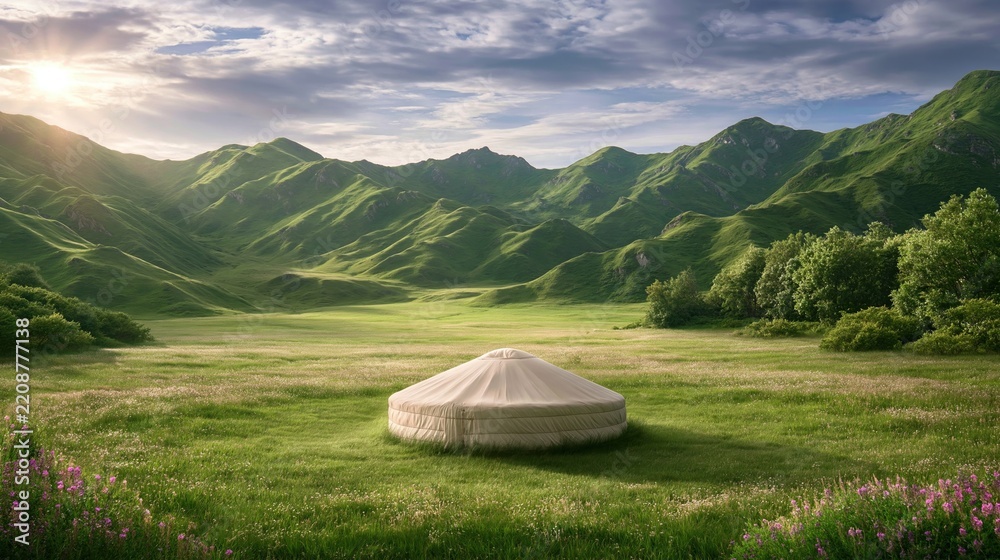 Obraz premium Traditional White Yurt Tent in a Lush Green Mountain Valley